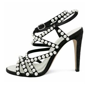 Chanel Black Pearl Strappy Heels Size 39 US 8.5 Cracked Leather Sandals
